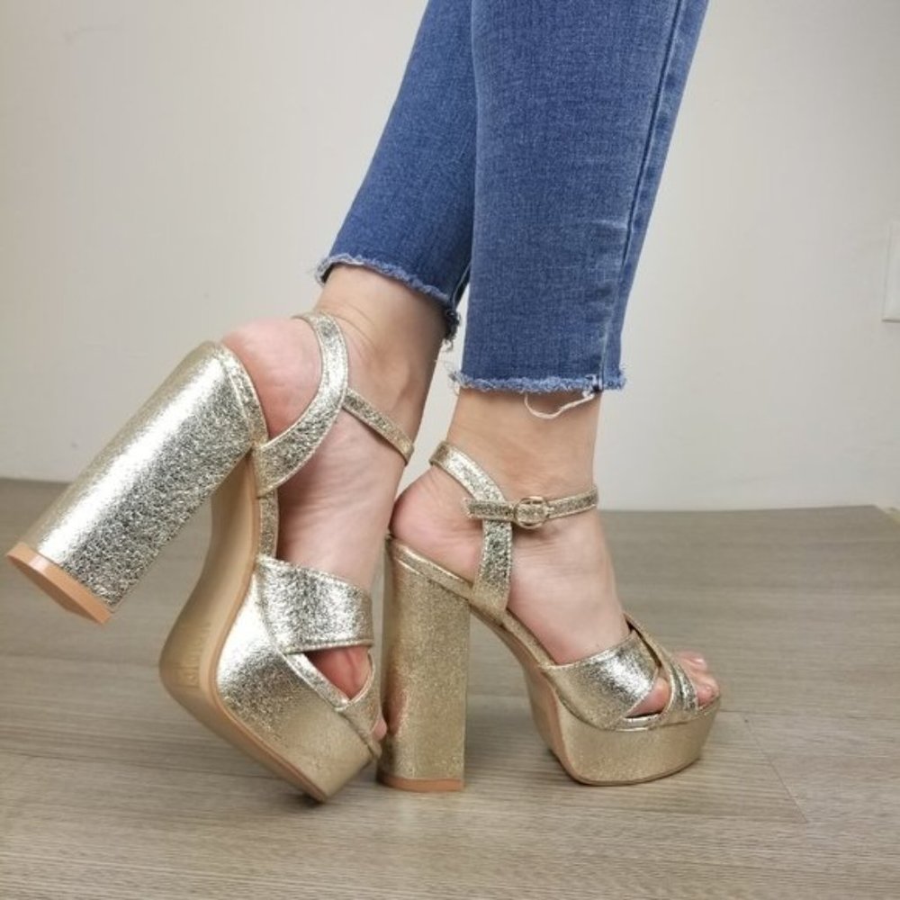 Metallic Gold Open Toe Platform Heels - Picture 2 of 7